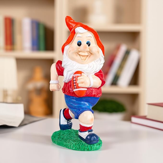 Outdoor Gnome Sculpture Garden Gnome Rugbyl Player Statue, 9.8" Tall Resin Outdoor Decoration, Red and Blue Sports Theme The for Rugby Enthusiasts-Ruum Studio Home