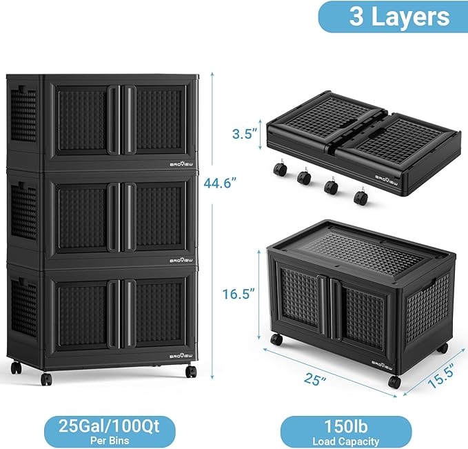 300Qt Stackable Storage Bins with Lids, 75Gal Closet Organizers and Storage Drawer, Plastic Collapsible Storage Bins with Doors, Heavy Duty Store Box Cabinet for Home Kitchen, 3Pack Black-Ruum Studio Home
