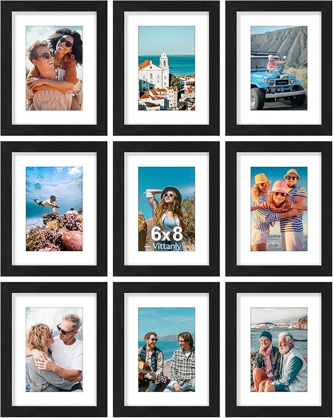 Vittanly 6x8 Picture Frames Set of 9, Shatter Resistant Plexiglass, Display 4x6 Pictures with Mat or 6x8 without Mat, Photo Frames for Wall or Tabletop, Engineered Wood, Black-Ruum Studio Home