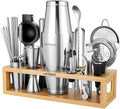 HMYBAR® Mixology Bartender kit | Cocktail Shaker Set | Boston Shaker Set, 20/28 OZ | Martini Making Set for Home Bar.Total 31 pcs incl 39-Recipe Cocktail Cards. Silver Tools. Bamb Stand Natural Color-Ruum Studio Home