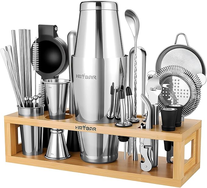 HMYBAR® Mixology Bartender kit | Cocktail Shaker Set | Boston Shaker Set, 20/28 OZ | Martini Making Set for Home Bar.Total 31 pcs incl 39-Recipe Cocktail Cards. Silver Tools. Bamb Stand Natural Color-Ruum Studio Home
