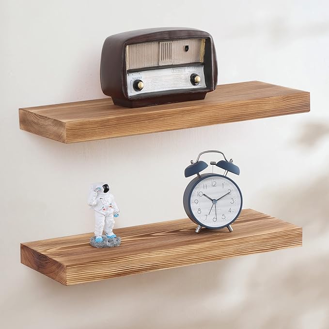 Fun Memories European Pine Floating Shelves for Wall, Mounted Shelf for Decor Storage Set of 2 - Natural Rustic Wooden Wall Shelf for Kitchen Bathroom Living Room Bedroom Farmhouse - Carbonized-Ruum Studio Home
