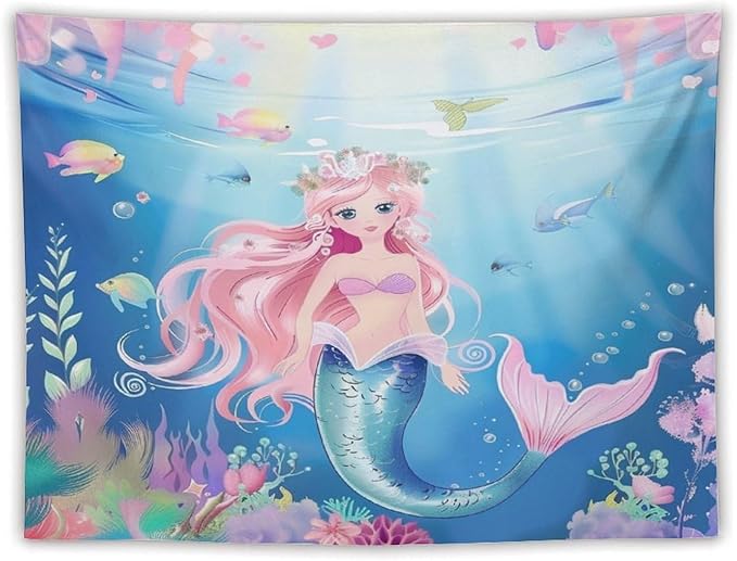 HZOHNAGO Mermaid Girls Tapestry Watercolor Mermaid Princess Pattern Printed Wall Tapestry Wall Hanging for Bedroom Living Room Dorm 80" W x 60" H-Ruum Studio Home