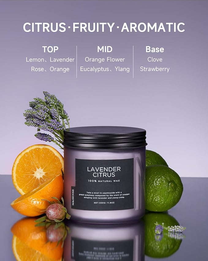 M&SENSE Soy Candles for Home Scented, 11.6oz Lavender Citrus Scent Aromatherapy 70H Burn Time, Stress Relief Gifts for Mom Girlfriend Teacher, Medium Jar Candle for Spa, Bath, Yoga-Ruum Studio Home