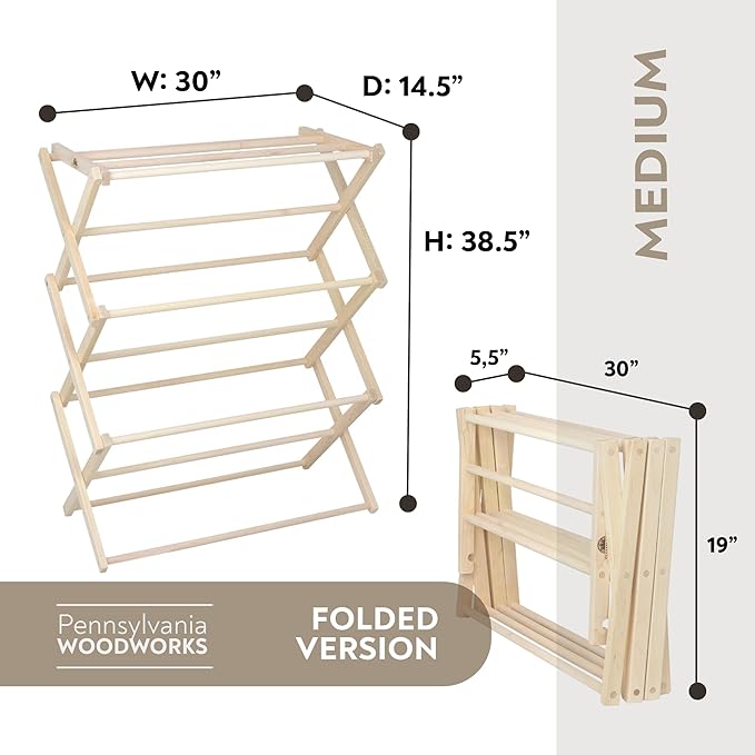 Pennsylvania Woodworks Premium American Maple Clothes Drying Rack - Handcrafted in Pennsylvania - Solid Wood Construction, Collapsible, Eco-Friendly Laundry Solution (Medium)-Ruum Studio Home