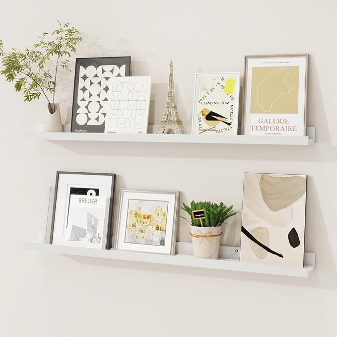 Picture Ledge Shelf, Solid Pine Wood Floating Shelves Set of 2, 32 Inches Nursery Book Shelves for Toys Storage, Kids Bookshelf Wall Mounted for Living Room Bedroom Decor Books Photo Frames, White-Ruum Studio Home