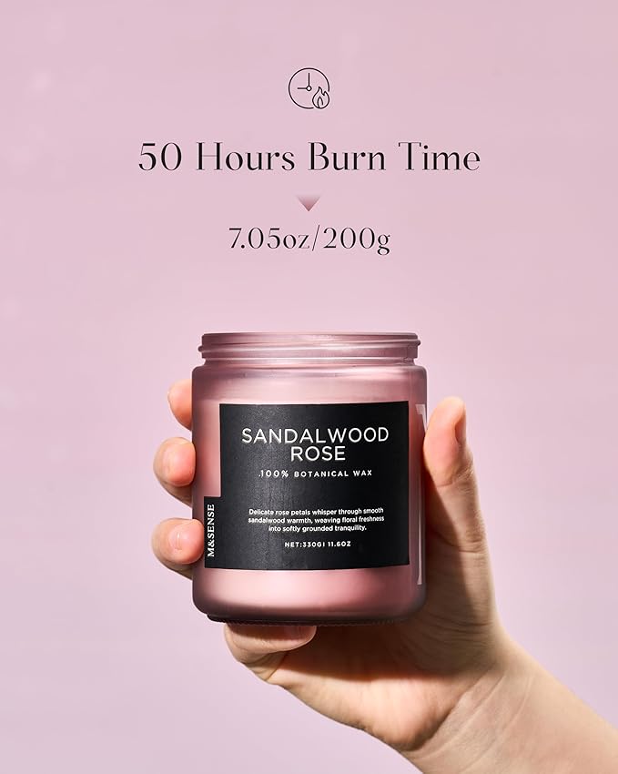 M&SENSE Sandalwood Rose Scented Candle 7.05oz 50 Hours Long Lasting Burn Natural Soy Wax Strong Scented Candle for Home, 2 Wick Home Fragrance Slow Burning Housewarming Gifts for Men Women-Ruum Studio Home