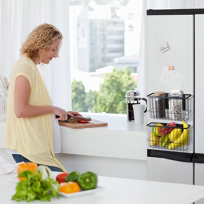 3 Pcs Magnetic or Adhesive Refrigerator Organizer Magnetic Baskets Kitchen Holder for Refrigerator Metal Shelf Rack Storage with 2 Types of Installation(Black)-Ruum Studio Home