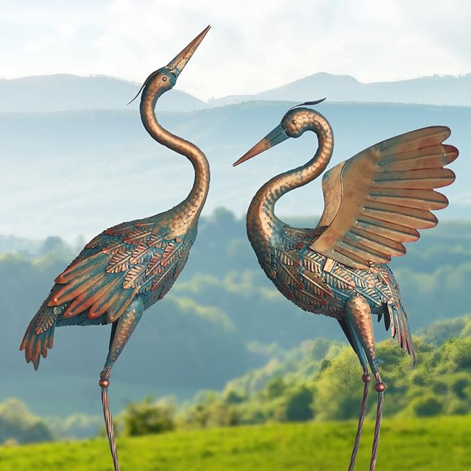 33-37 Inch Metal Crane Garden Statue Décor, Bird Heron Garden Sculpture & Statues, Outdoor Decoration for Yard Pond Lawn Backyard Pool, Vintage Spread Wings Crane, Set of 2 Copper…-Ruum Studio Home