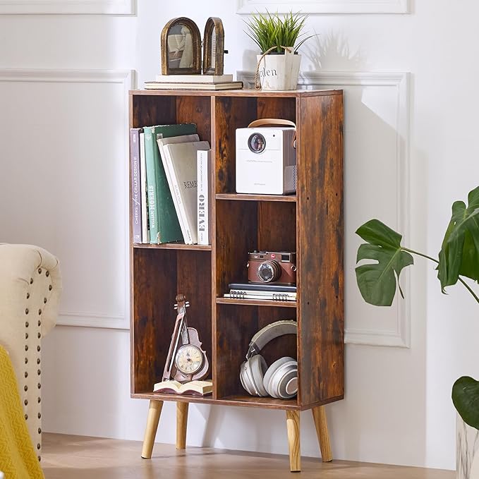 LEYAOYAO 5 Cube Small Bookshelf,3 Tier Mid-Century Bookcase with Legs,Wood Bookshelves Storage Organizer Shelf,Narrow Book Shelves,Brown Bookcases-Ruum Studio Home