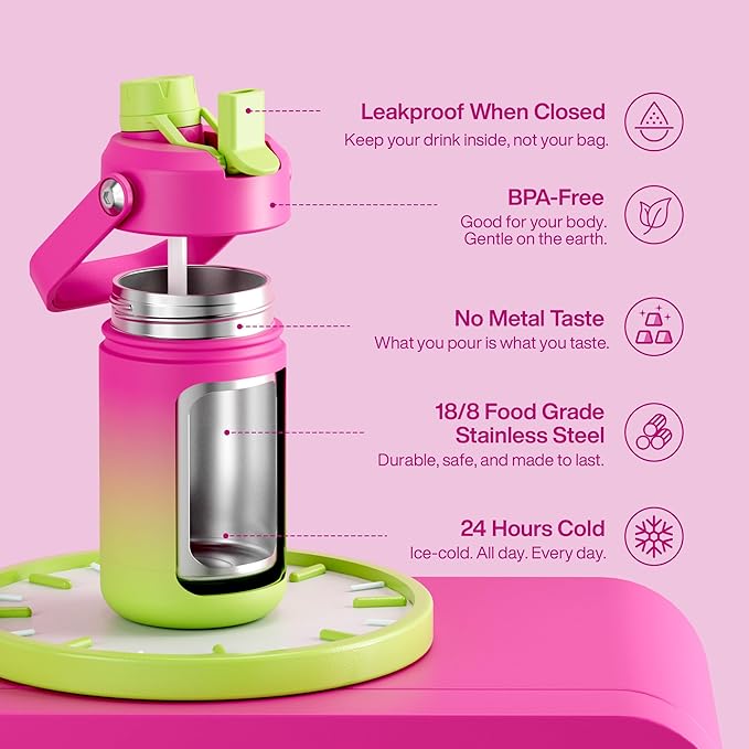 Kids Insualated Water Bottle with Straw - 12oz Stainless Steel Water Bottle with Dual Spouts, Leak-Proof, BPA-Free, Double Wall Vacuum Keeps Cold for 24 Hours for Sports, Travel, School (Lime Sorbet)-Ruum Studio Home