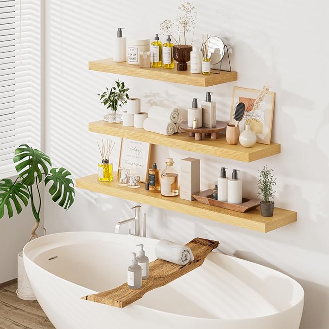 Heimlove 48W x 12D Long Floating Shelf, 12 Inch Deep Floating Shelves for Wall Set of 2, Wood Shelves for Bedroom Living Room Bathroom Kitchen Home Office, Wall Shelves with Heavy Duty Bracket, Oak-Ruum Studio Home