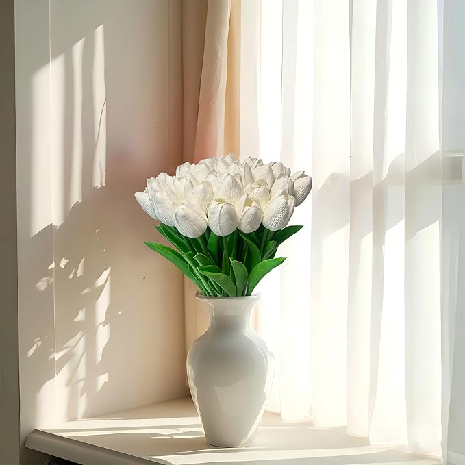 15pcs White Tulips PU Artificial Flowers Real Touch Fake Tulips for Spring Easter Home Kitchen Wedding Bouquet Bulk Mother's Gift Day Decorations-Ruum Studio Home