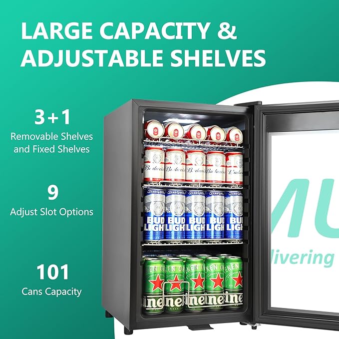 101 Cans Compressor Beverage Refrigerator, 17 Inch Drink Fridge with Glass Door, Adjustable Removable Shelves, Quiet Operation, Temp Memory, Beer Cooler for Soda, Beer, Water, Home Bar, Office-Ruum Studio Home
