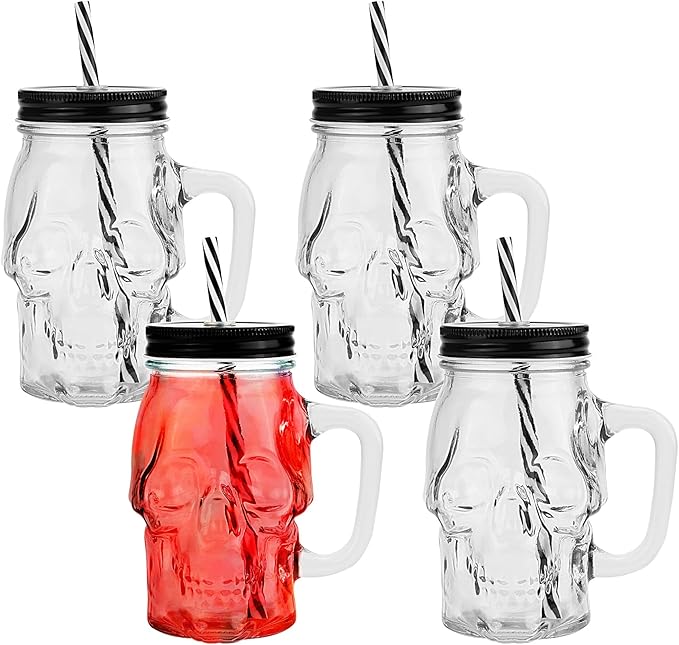 Halloween Cups Set of 4 - Skull Mason Jar with Lids Straws and Handle - Skull Drinking Glasses for Halloween Party Bar Decor (16 oz, Clear)-Ruum Studio Home