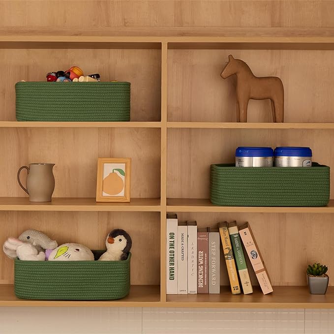 Large Shallow Organizing Baskets 15x11x5.1 Inches - Rope Woven Storage Bins for Bathroom, Shelves, Cube Closet, Green 2 Packs-Ruum Studio Home