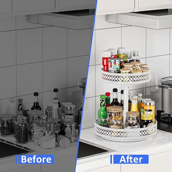 Lazy Susan Organizer 2 Tier - Turntable Spice Rack 12 inch Adjustable Metal Rotating Lazy Susan for Cabinet Pantry Kitchen Countertop Dining Table Cupboard Bathroom Vanity Storage White-Ruum Studio Home