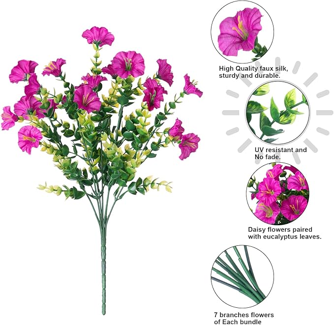 Artificial Flowers for Outdoors Fake Plants Outside Decoration, 12 Bundles Silk Colorful Morning Glory with Eucalyptus UV Resistant Realistic Faux Flowers for Planter Front Door Garden Yard-Ruum Studio Home