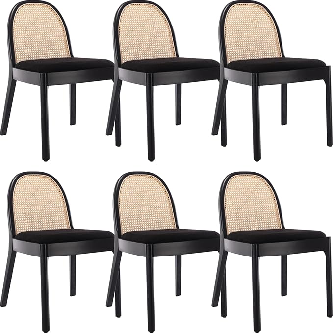 Mid Century Dining Chairs Set of 6, Accent Rattan Sherpa Fabric Side Chairs Kitchen Chair with Solid Wooden Legs for Living Room Dining Room, Black-Ruum Studio Home