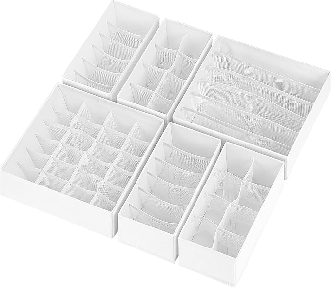 6 Pack Sock Underwear Drawer Organizer Dividers, 58 Cell Foldable Fabric Dresser Closet Organizers and Storage Bins for Clothing, Baby Clothes, Bra, Panty, Scarf, Ties (White)-Ruum Studio Home