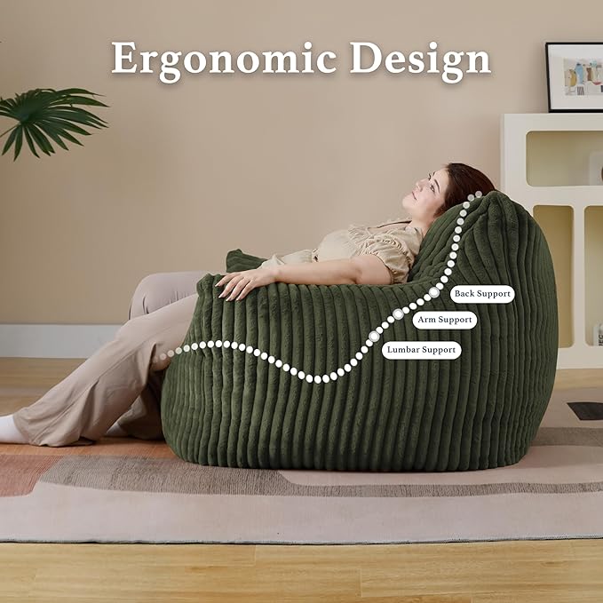 Giant Plush Bean Bag Chair for Adults with Armrests - Oversized Comfy Green Beanbag Lounge Lazy Floor Sofa Accent Chair for Living Room, Bedroom & Dorm, Cozy Fluffy Single Cloud Mini Couch-Ruum Studio Home