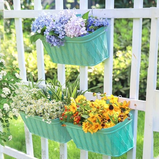Sungmor 3 Pack Wall Hanging Planters, 16.5 Inch Railing Fence Hanging Flower Pots, Thickened Plastic Water Storage Plant Pot, Indoor Outdoor Garden Balcony Decor, Light Green Large Plant Basket-Ruum Studio Home