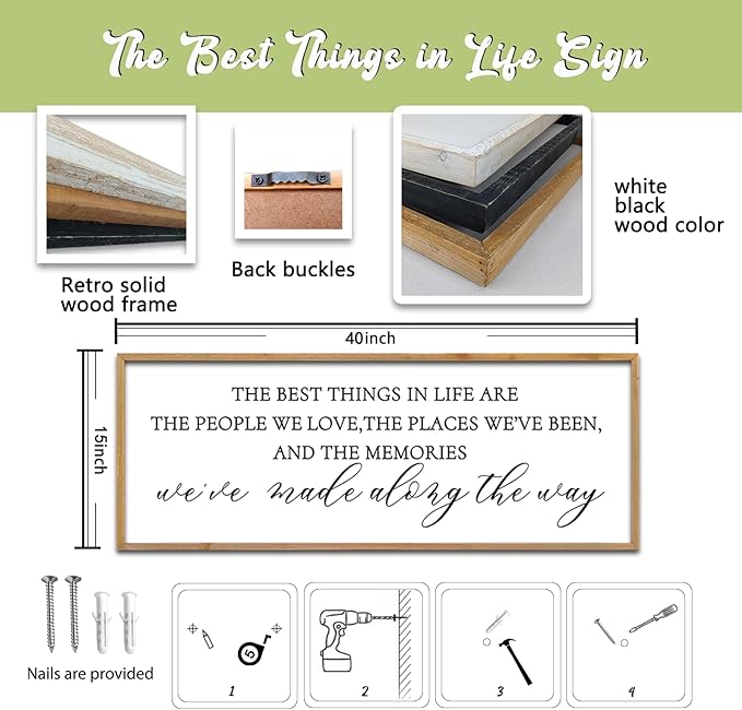 The Best Things in Life Wall Decor Sign 40 x 15 Inch Memories Inspirational Quotes Wood Framed Family Entryway Living Room Home Wall Art for Farmhouse Bedroom Room (Wood)-Ruum Studio Home