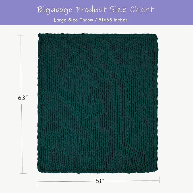 Bigacogo Chunky Knit Throw Blanket for Couch, 51x63 inches, 100% Hand Knitted with Thick Jumbo Chenille Yarn, Cozy Soft Large Rope Knot Cable Crochet Blankets for Sofa Bed Living Room, Dark Green-Ruum Studio Home
