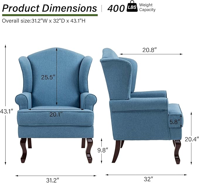 Accent Chair, High Back Upholstered Armchair with High Resilience Sponge & Wood Legs, Mid-Century Modern Comfy Single Sofa Reading Chairs for Living Room, Bedroom (Blue, Set of 2)-Ruum Studio Home