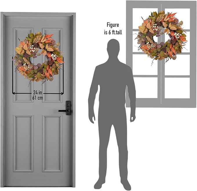 24" Fall Wreath for Front Door Handmade with Artificial Autumn Leaves, Natural Pinecones, Faux Berries and Wheat, Autumn Harvest Wreath Decoration for Home Farmhouse Door Wall Window Porch-Ruum Studio Home