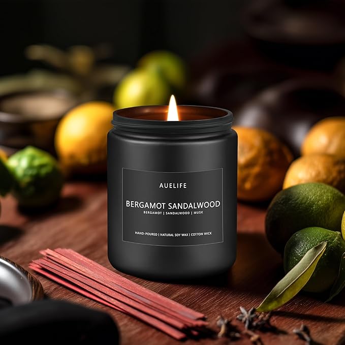 Bergamot Sandalwood Candle for Men | Masculine Scented Soy Candles - Home Fragrance, Aromatherapy Gifts for Men - 7oz Black Jar, Long-Lasting Luxury Decor-Ruum Studio Home