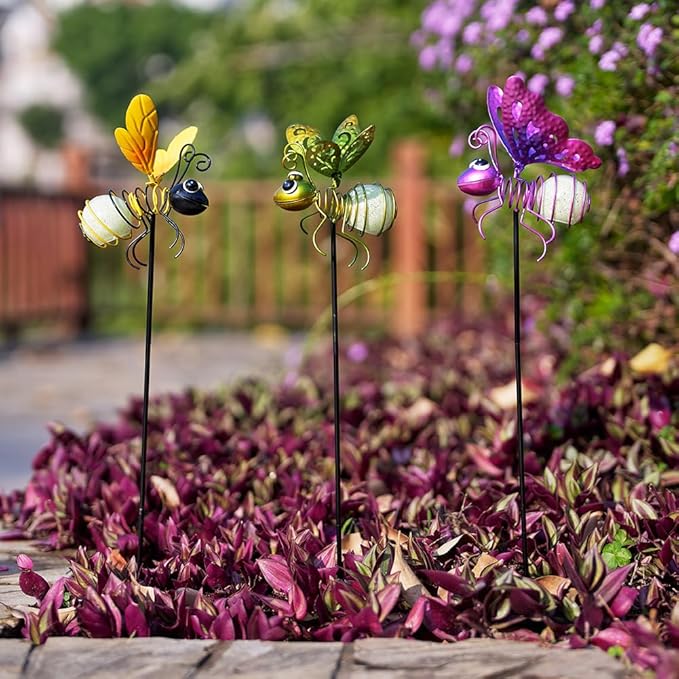 Garden Decor for Outside,3 Pcs Luminous Insect Garden Decorative Stakes,Glow in The Dark Bee Lights Metal Yard Art,Waterproof Outdoor Spring Lawn Patio Pathway Decoration for Mom,Women,Grandma-Ruum Studio Home