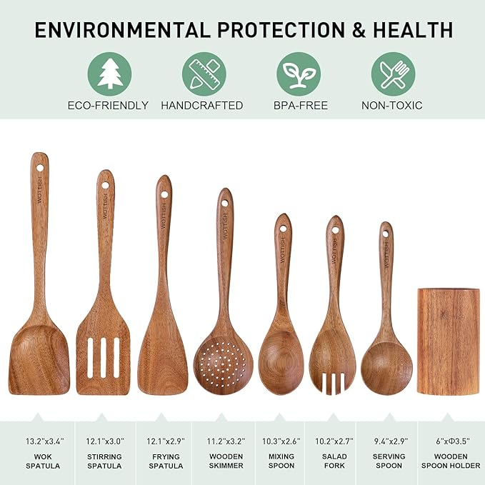 Wooden Spoons for Cooking - 8-Piece Wooden Kitchen Utensil Set made of Natural Solid Wood Material - Includes Spoons, Spatulas, Ladles, Strainer Spoon, Salad Fork, Mixing Spoon and Utensil Holder-Ruum Studio Home