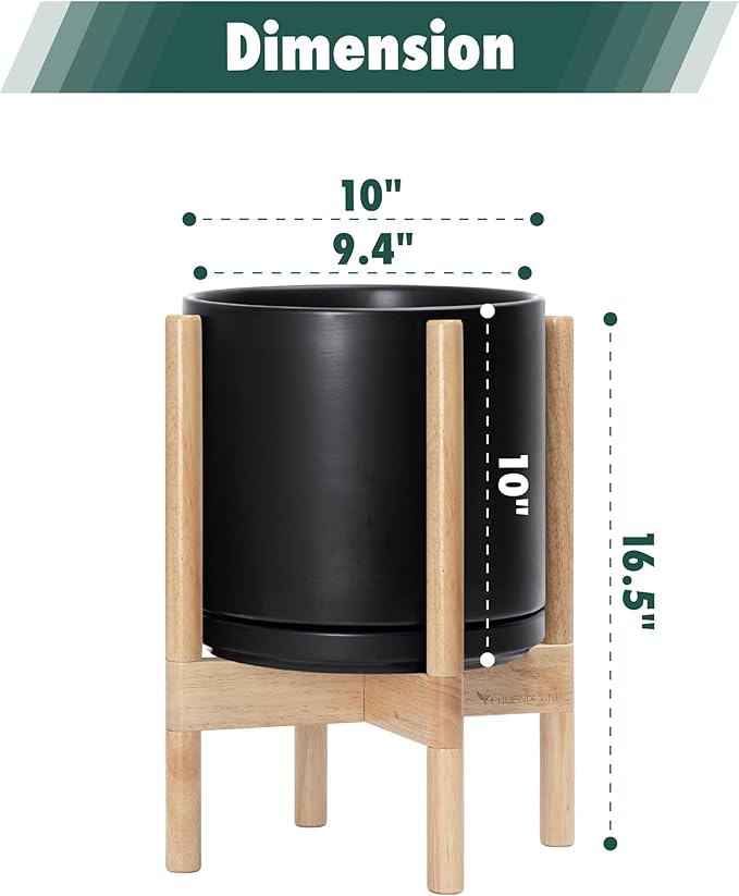 D'vine Dev Ceramic Planter with Natural Stand - 10 Inch Modern Round Flower Pot with Wood Planter Holder, Black, 55-B-K-2-Ruum Studio Home