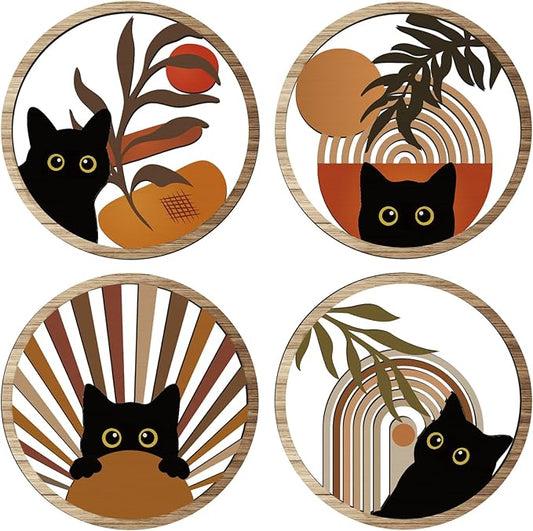 RETRART Boho Black Cat Wall Art Black Cat Room Decor Aesthetic, 4-Piece Farmhouse Geometric Wooden Cat Wall Decor Mid-Century Bohemian Moon Sun Design for Nursery, Bedroom Perfect Cat Lover Gifts-Ruum Studio Home
