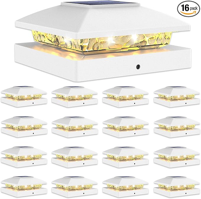 VOLISUN 4x4 Solar Post Cap Light 16pack,Solar Fence - Cap Lights Outdoor Waterproof for Wooden/Vinyl Post, White Deck Post Light Solar Powered with Warm White for Garden/Patio/Porch-Ruum Studio Home