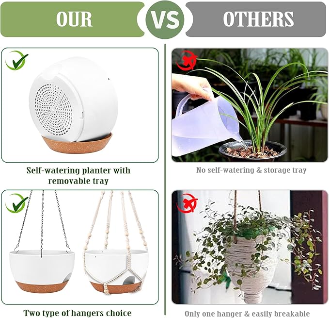 Hanging Planters for Outdoor Indoor Plants, 2 Pack 12 Inch Hanging Basket Plants Outdoor, Self Watering Hanging Planter with Plant Hanger for Garden Home Decoration (White)-Ruum Studio Home