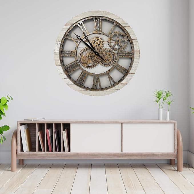 The Gears Clock The Original Real Moving Gear Wall Clock Vintage Industrial Oversized Rustic Farmhouse (24 inch (60cm), Vintage Desert Beige and Bronze)-Ruum Studio Home