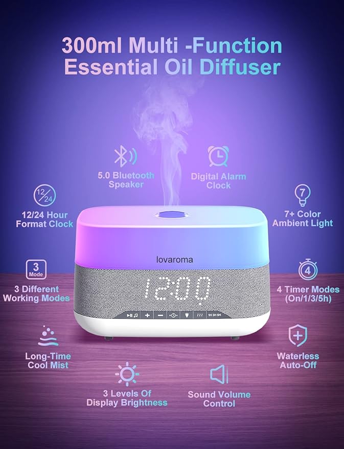 Versatile Essential Oil Diffuser, 300ml Aroma Diffuser with Bluetooth Speaker and Alarm Clock, 7 Colors LED Light Aromatherapy Diffusers & Cool Mist Humidifier 3-Level Brightness, Auto-Off Protection-Ruum Studio Home