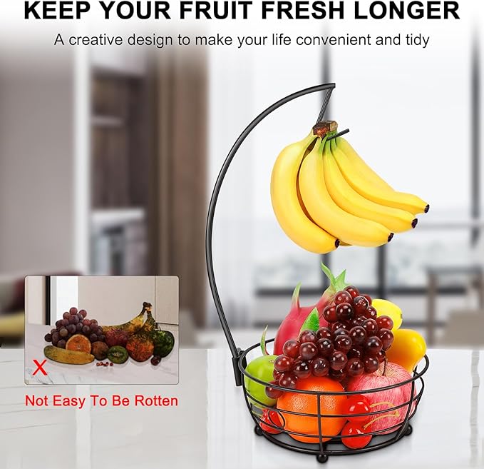 Livabber Countertop Fruit Basket Bowl with Banana Hanger, Modern Standing Fruit Vegetable Bowl Storage, with Banana Tree Holder for Kitchen Dinning Table (Round Metal, Black)-Ruum Studio Home