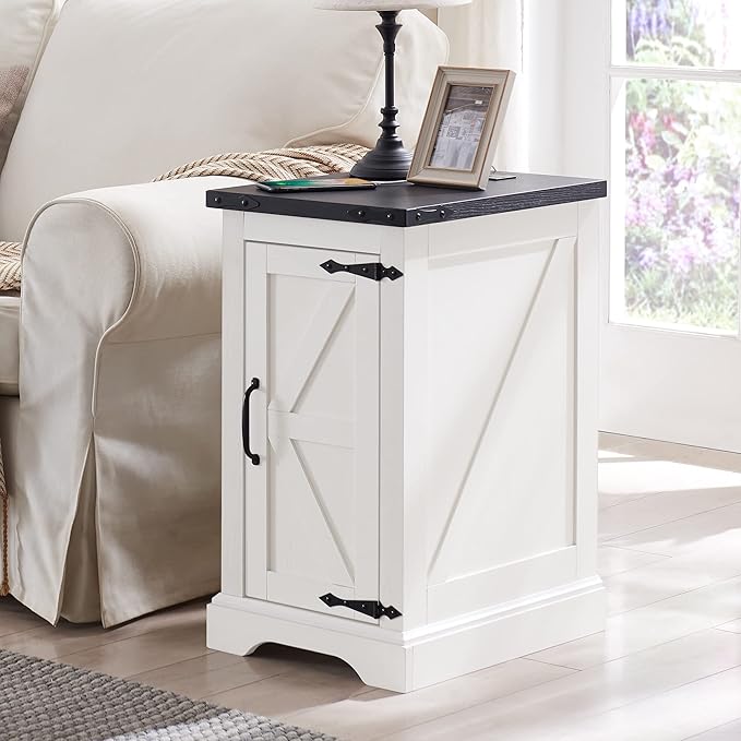 JXQTLINGMU Nightstand with Charging Station, Rectangular Farmhouse End Table with Barn Door and Adjustable Storage Shelf, 17" Deep Wood Rustic Sofa Side Table for Living Room, Bedroom, White-Ruum Studio Home