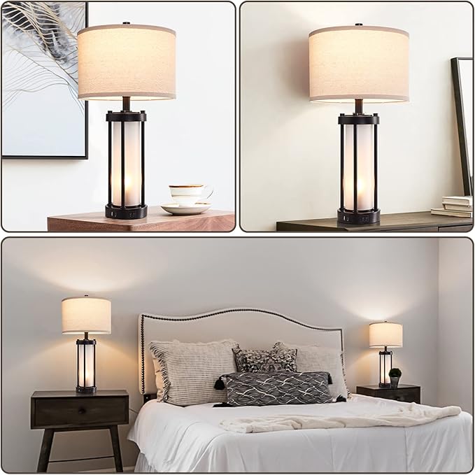 RORIA Set of 2 Modern Table Lamps for Living Room with 2 USB Ports, White Frosted Glass Nightlight for Bedroom, Contemporary Desk Lamps for Nightstand End Table Entryway, 4 Bulbs Included (Black)-Ruum Studio Home