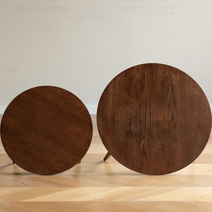 100% Solid Oak Wood Coffee Table Set, Round Coffee Table Combo Side Table w/Solid Wood Legs, Mid Century Table Sturdy Tables for Bedroom Balcony Living Room (Walnut, Big-Medium Combo)-Ruum Studio Home