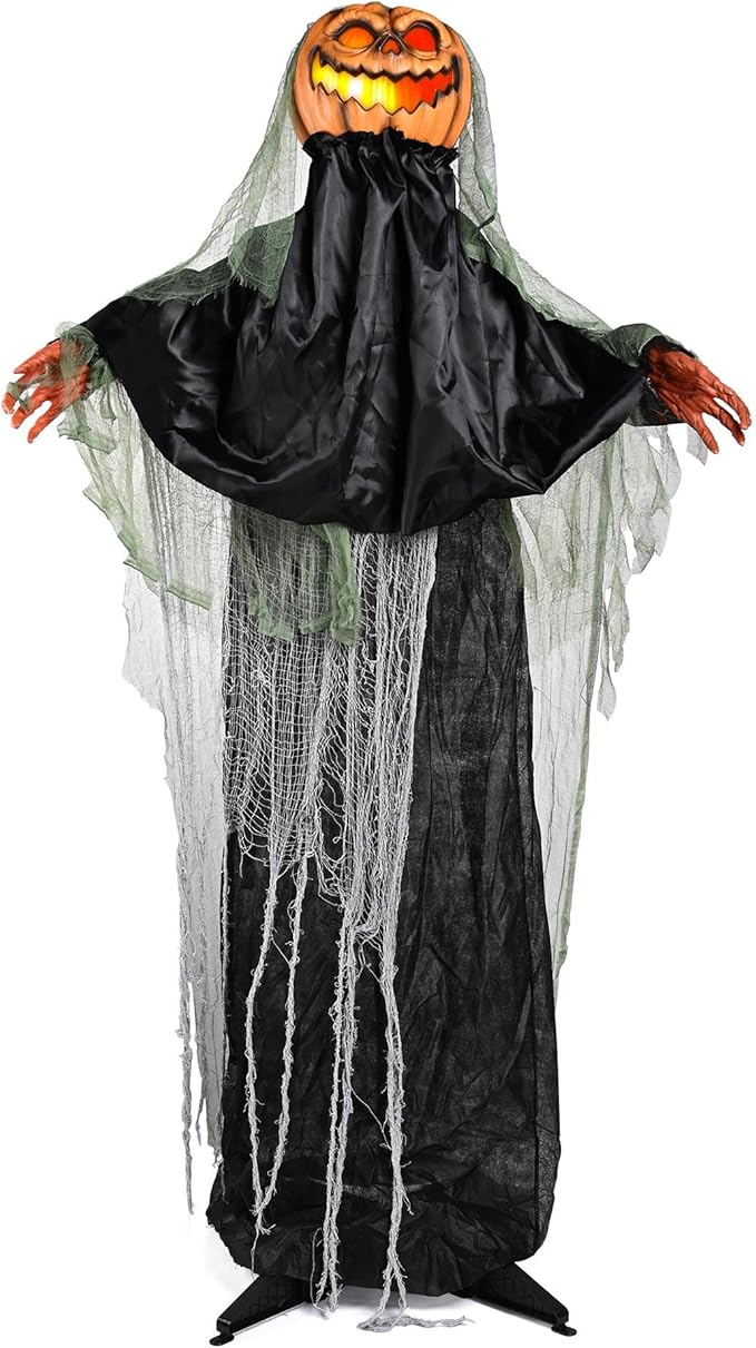 AW Scary Animated Halloween Decorations Jack-O-Lantern,Pumpkin Ghost Props 5.4 Ft Full Life Size with Motion/Sound Activated Glowing Head Horror Party Outdoor Indoor Decorations Farm Scarecrow 2025-Ruum Studio Home