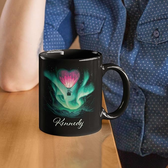 Customized Name Coffee Cup, Custom Hot Air Balloon Mug With Heart-Shaped, Personalized Northern Lights Ceramic Mug, Gift For Couples On Valentine's Day, Love Black Cup 11oz Or 15oz-Ruum Studio Home