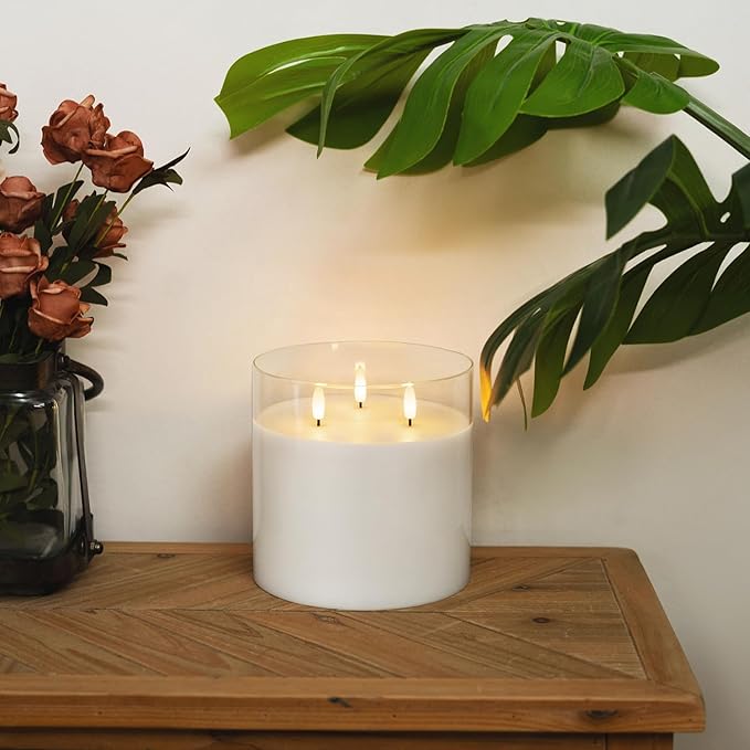 Homemory 6X6'' Extra Large Flameless Candle with 3 Wicks, Glass LED Pillar Candle, Real Wax Battery Operated Candle with Remote Control and Timer, Pure White-Ruum Studio Home