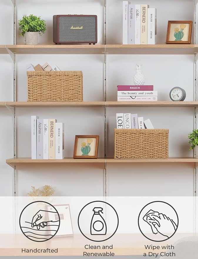 StorageWorks Round Paper Rope Storage Baskets, Rectangular Wicker Baskets with Built-in Handles, Medium, 13 ¼ x 8 ½ x 7 ¼ inches, 2-Pack-Ruum Studio Home