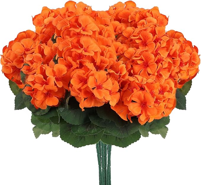 Hananona 12 Pcs Artificial Geranium Flowers for Outdoors Orange Silk Geranium Flowers Outdoor UV Resistant Plants Faux Fall Flower for Home Kitchen Autumn Table Centerpieces Decor (12, Orange)-Ruum Studio Home
