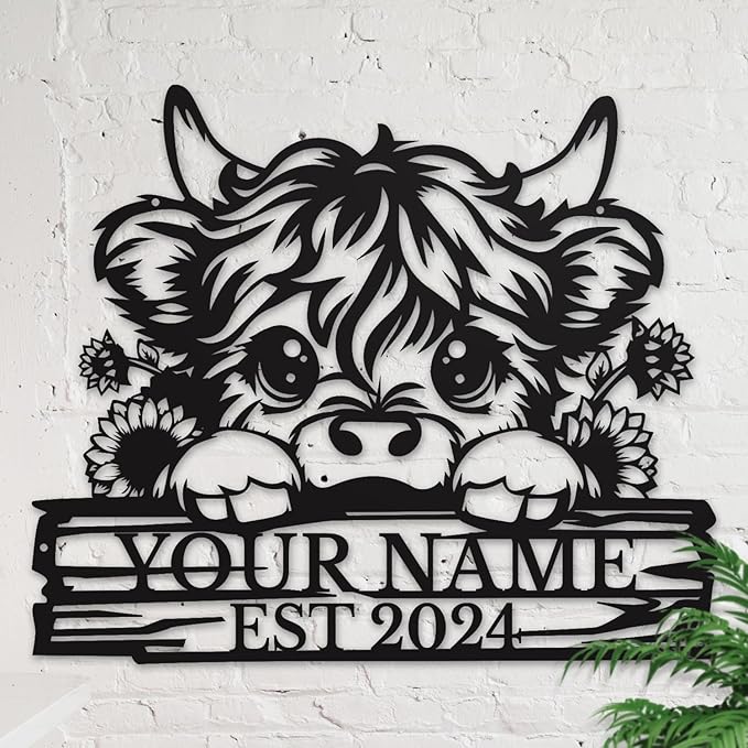 Personalized Highland Cow Name metal Signs,Custom Highland Cow Metal Shed Wall Decor,Black Metal Wall Art Plaques Outdoor wall Decorative Signage (Style D)-Ruum Studio Home