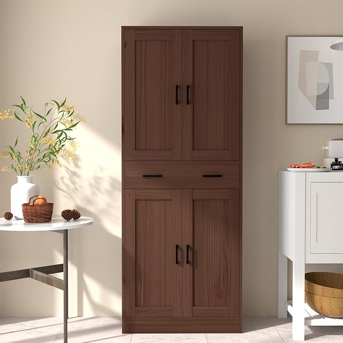 Brown Kitchen Pantry, 71" Tall Storage Cabinet with Doors and Drawer for Kitchen, Hallway, Office-Ruum Studio Home